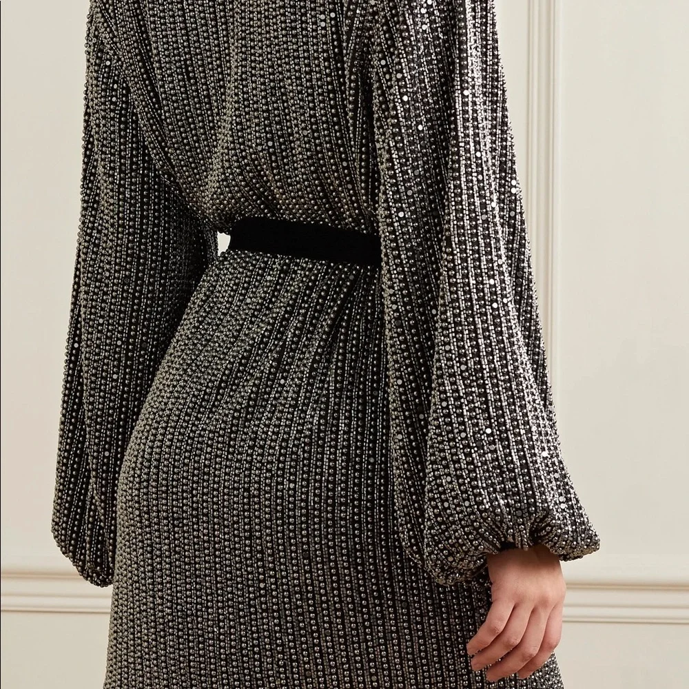 RETROFETE Gabrielle Velvet-trimmed Beaded Chiffon Mini Wrap Dress in Silver - Picture 9 of 9